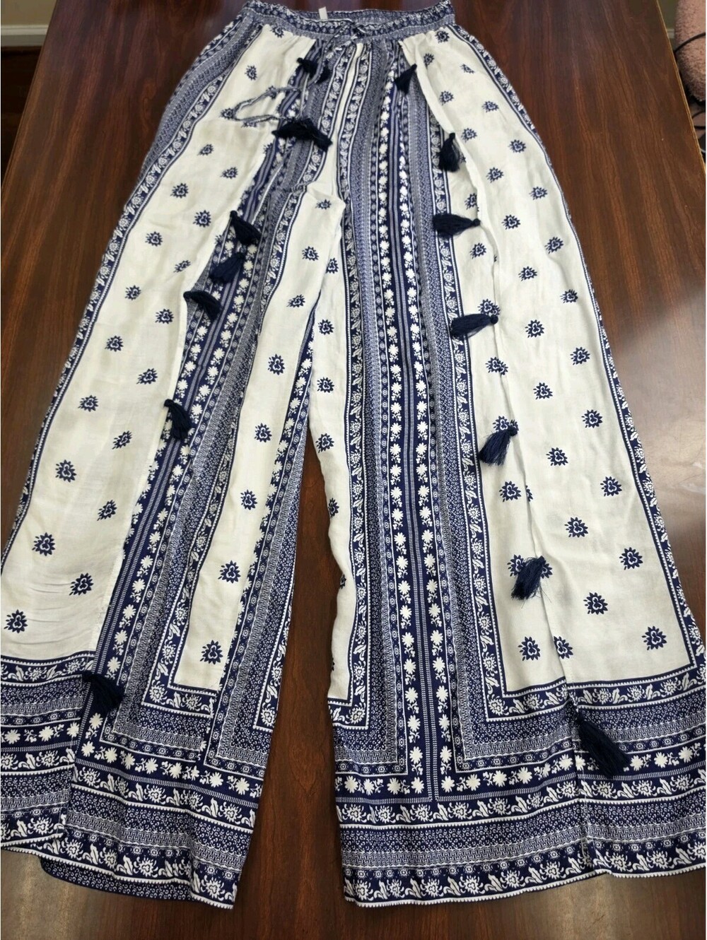 Beachwear by Japna Blue White Printed Boho Tassel Wide Leg Pants Medium Vacation